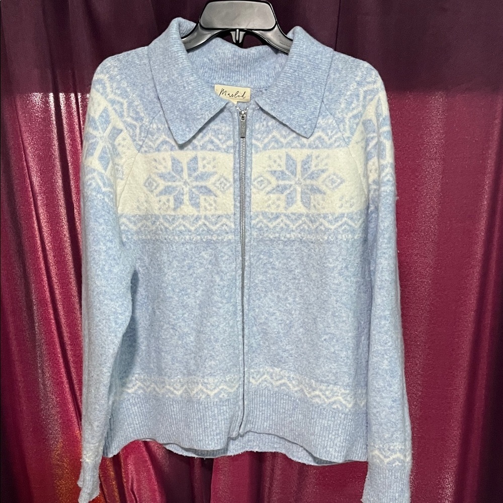 Marled Light Blue and Cream Snowflake Cardigan